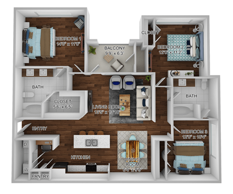 Floor plan for 3 beds, 2 baths, 1266 sqft
