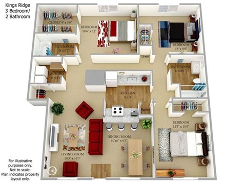 Floor plan for 3 beds, 2 baths, 1156 sqft