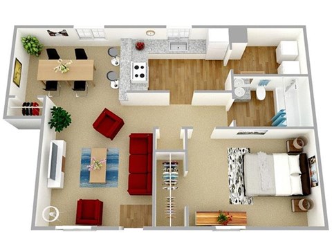 Floor plan for 1 bed, 1 bath, 749 sqft