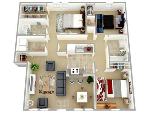 Floor plan for 3 beds, 2 baths, 1156 sqft