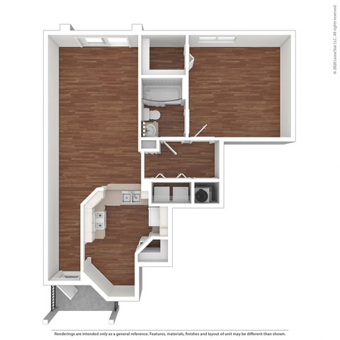 Floor plan for 1 bed, 1 bath, 760 sqft