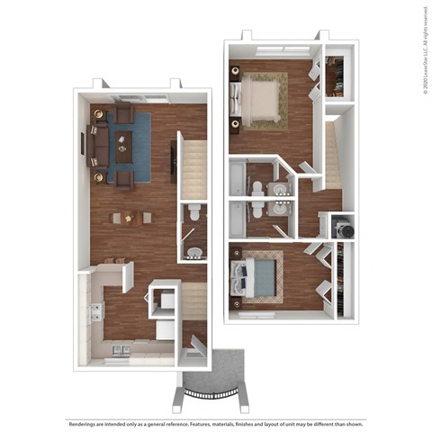Floor plan for 2 beds, 2.5 baths, 1040 sqft