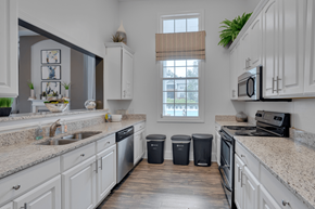 Morrisville apartment for rent - A kitchen with white cabinets and a granite countertop.