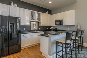 Fort Myers apartment for rent - a kitchen with white cabinets and black countertops