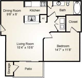 Floor plan for 1 bed, 1 bath, 800 sqft