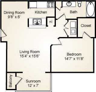 Floor plan for 1 bed, 1 bath, 900 sqft