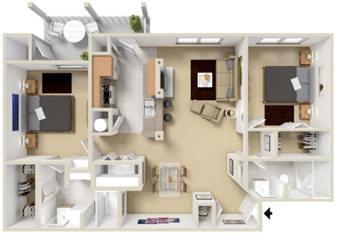 Floor plan for 2 beds, 2 baths, 1069 sqft