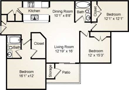 Floor plan for 3 beds, 2 baths, 1332 sqft