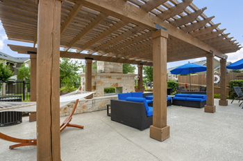 Outdoor lounge with fireplace