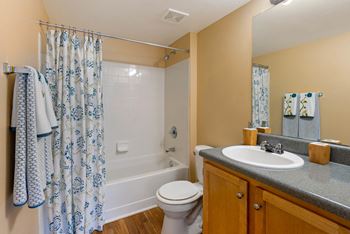 Tilted shower area with bathtub