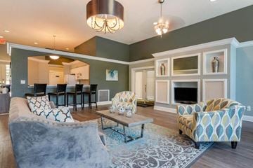 Orlando apartment for rent - A living room with a grey couch and a patterned armchair.