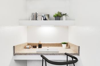 Built in workspace with storage shelf