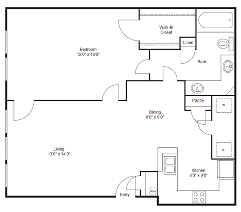 Floor plan for 1 bed, 1 bath, 841 sqft