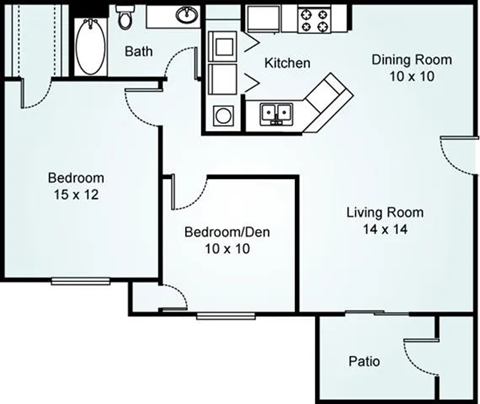 Floor plan for 1 bed, 1 bath, 977 sqft