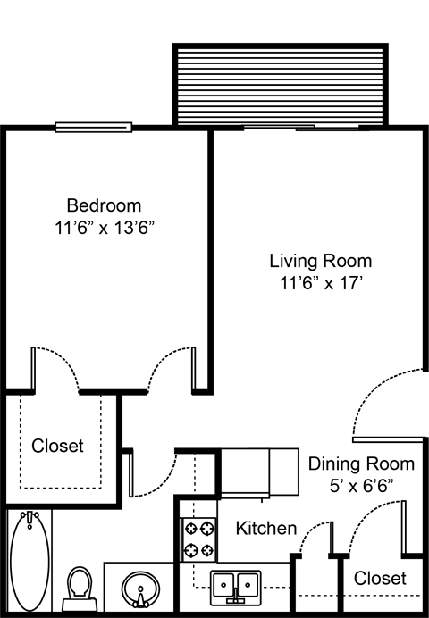 Floor plan for 1 bed, 1 bath, 700 sqft