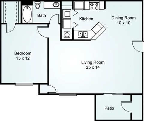 Floor plan for 1 bed, 1 bath, 976 sqft