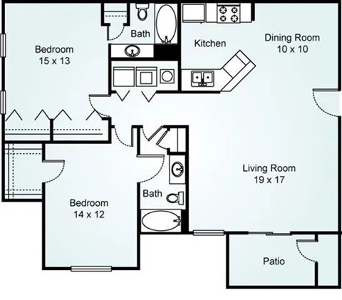 Floor plan for 2 beds, 2 baths, 1310 sqft