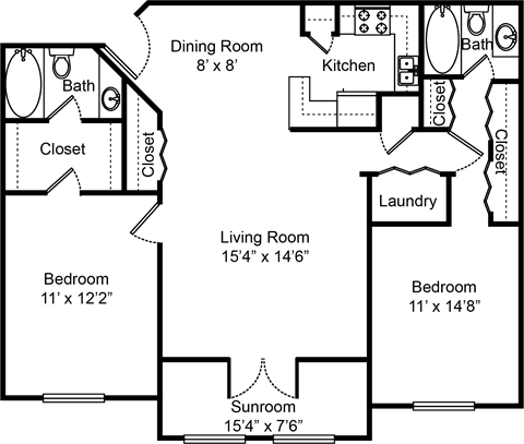 Floor plan for 2 beds, 2 baths, 1150 sqft