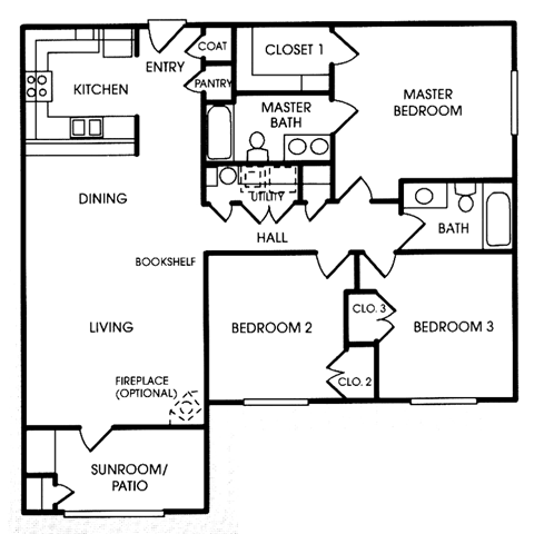 Floor plan for 3 beds, 2 baths, 1410 sqft