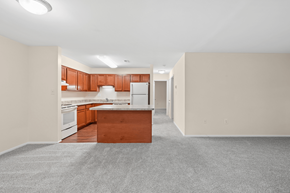 Waldorf apartment for rent - A kitchen with a white fridge and wooden cabinets.