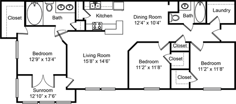 Floor plan for 3 beds, 2 baths, 1428 sqft