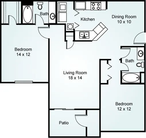 Floor plan for 2 beds, 2 baths, 1130 sqft