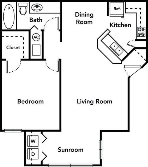 Floor plan for 1 bed, 1 bath, 735 sqft
