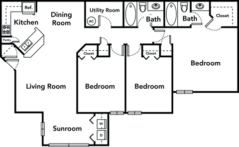 Floor plan for 3 beds, 2 baths, 1164 sqft