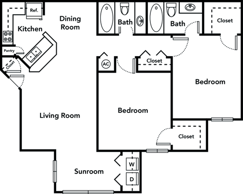 Floor plan for 2 beds, 2 baths, 1000 sqft