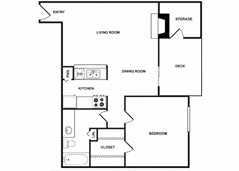Floor plan for 1 bed, 1 bath, 761 sqft