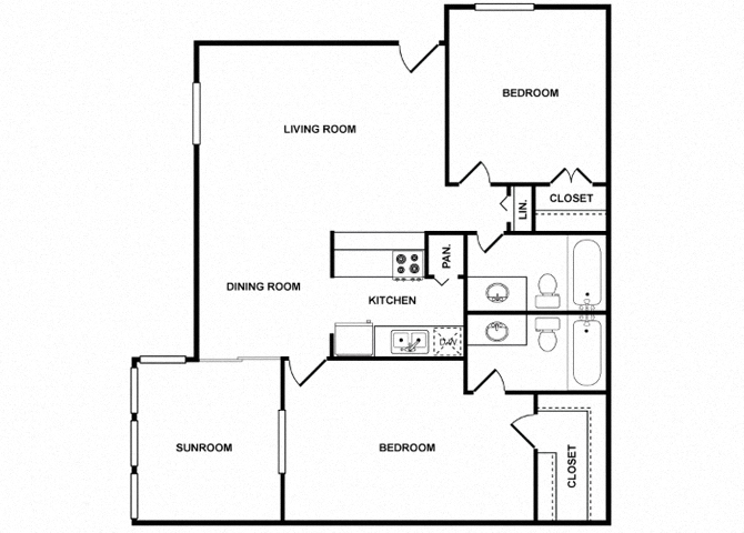 Floor plan for 2 beds, 2 baths, 1031 sqft
