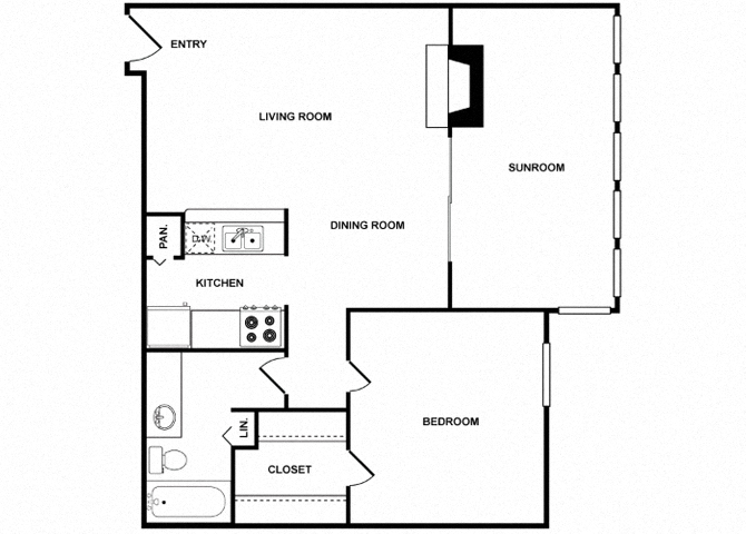 Floor plan for 1 bed, 1 bath, 841 sqft