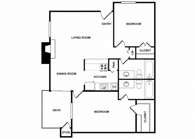 Floor plan for 2 beds, 2 baths, 938 sqft