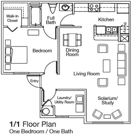Floor plan for 1 bed, 1 bath, 745 sqft