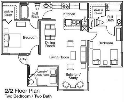 Floor plan for 2 beds, 2 baths, 990 sqft
