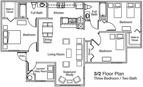 Floor plan for 3 beds, 2 baths, 1150 sqft