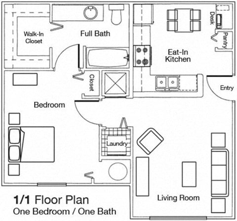 Floor plan for 1 bed, 1 bath, 651 sqft