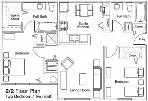 Floor plan for 2 beds, 2 baths, 926 sqft