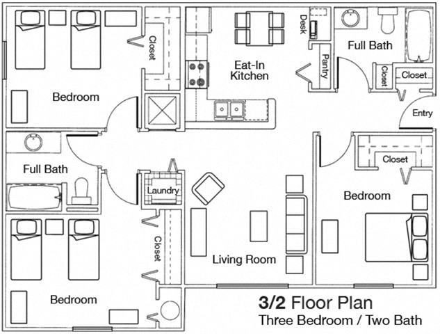 Floor plan for 3 beds, 2 baths, 1089 sqft