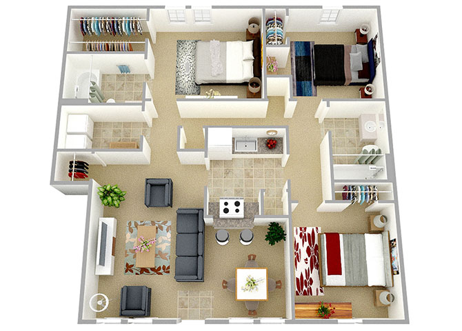 Floor plan for 3 beds, 2 baths, 1200 sqft