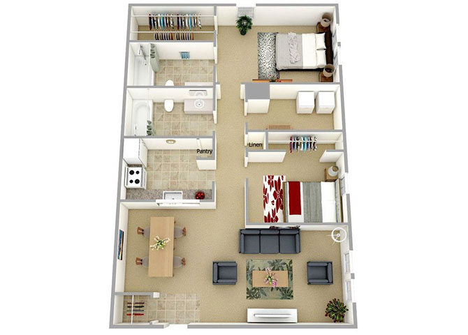 Floor plan for 2 beds, 2 baths, 1000 sqft