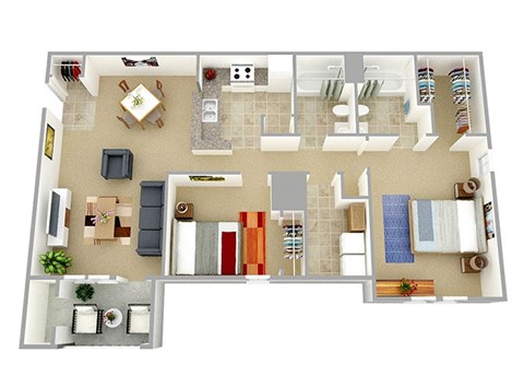 Floor plan for 2 beds, 2 baths, 988 sqft