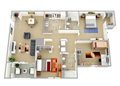 Floor plan for 3 beds, 2 baths, 1128 sqft