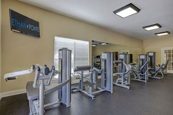 A gym with a variety of equipment including a rowing machine.