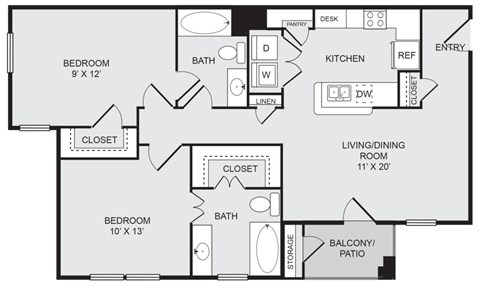 Floor plan for 2 beds, 2 baths, 975 sqft