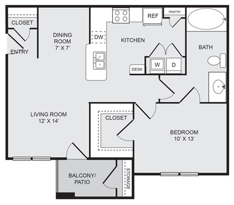 Floor plan for 1 bed, 1 bath, 750 sqft