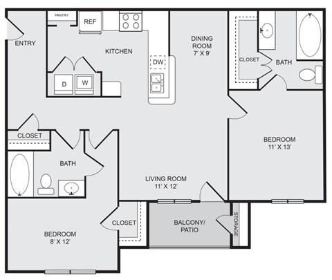 Floor plan for 2 beds, 2 baths, 975 sqft