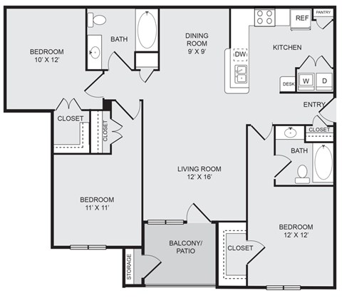 Floor plan for 3 beds, 2 baths, 1170 sqft