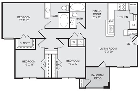 Floor plan for 3 beds, 2 baths, 1170 sqft