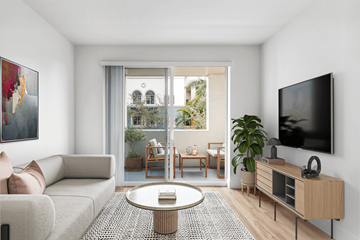 South Miami apartment for rent - A living room with a grey sofa, a coffee table, a television, and a painting on the wall.